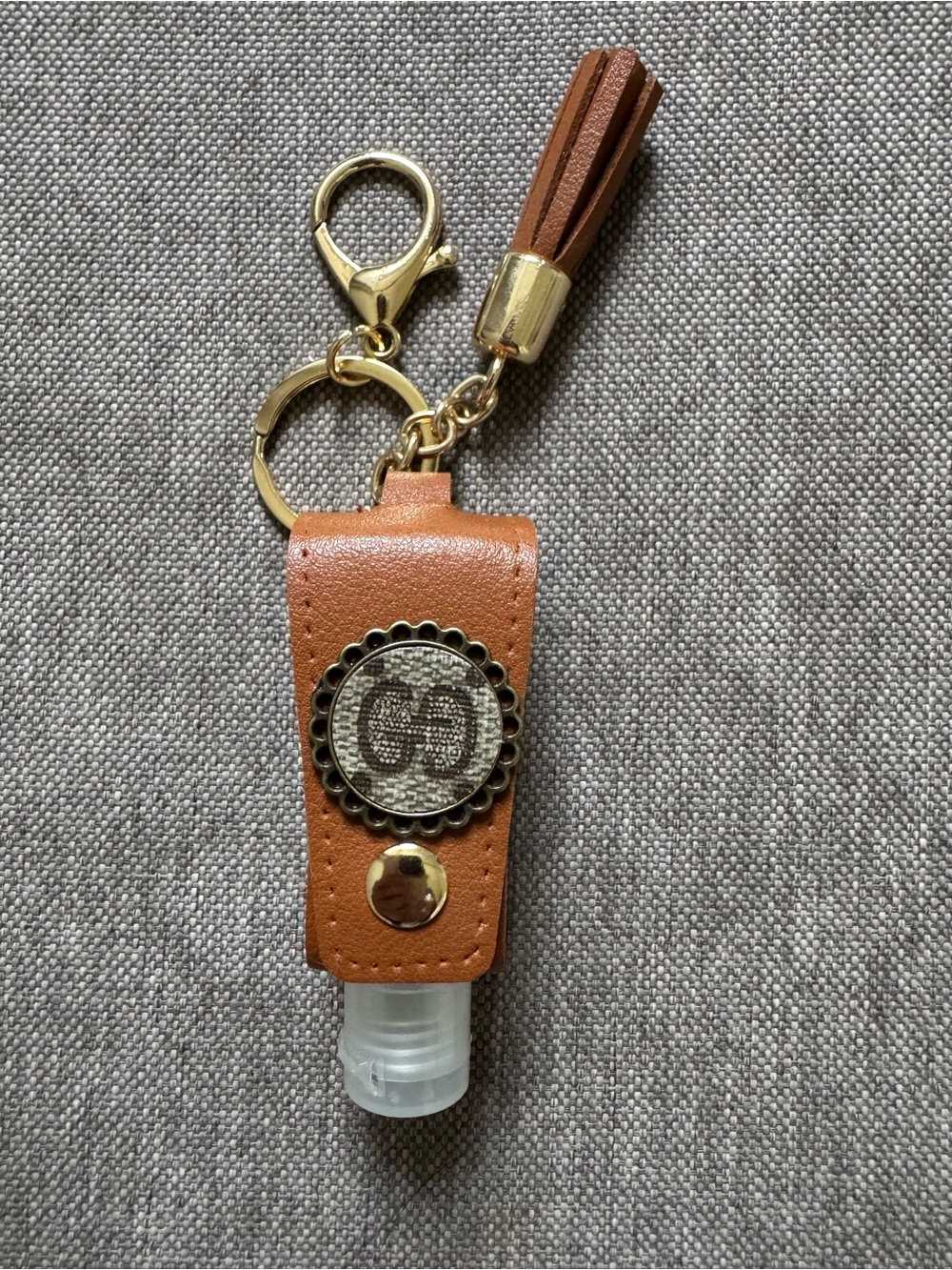 Brown Faux Leather Hand Sanitizer Keychain Holder with Tassel For Backpack Purse